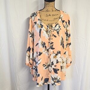 Auditions Womens Plus sz 2X Blouse Pink Floral Lace Up Neck 3/4 Sleeve Easter